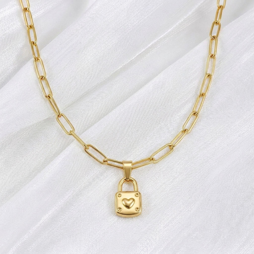 Paperclip Chain + Little by Little Lock Pendant Set