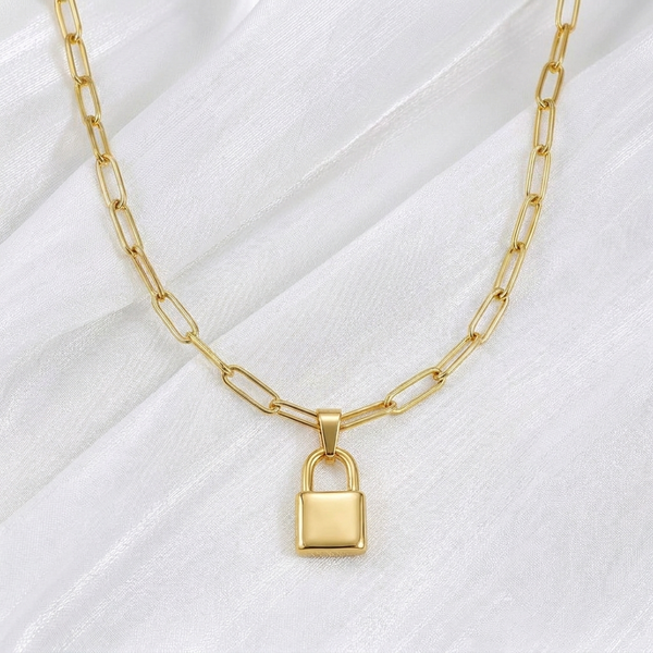 Paperclip Chain Necklace with Pinky Promise Lock Pendant Bundle