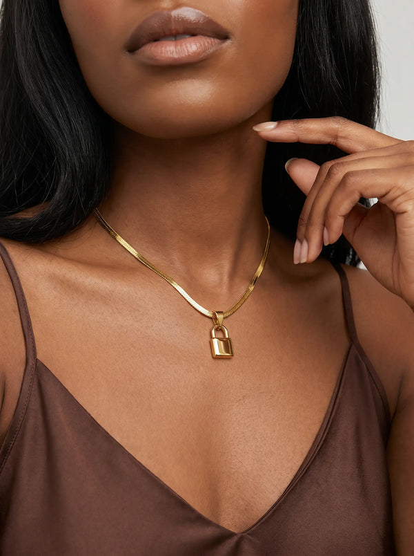 Snake Chain + Pinky Promise Lock Pendant Bundle — lifestyle, on model