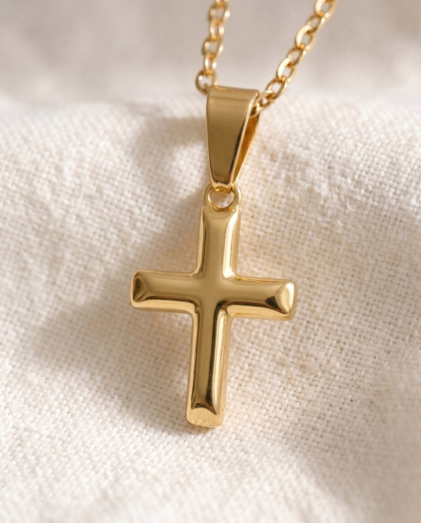 Deep Faith Cross pendant close up, smooth polished cross