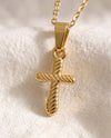 Quiet Devotion Cross pendant close up, twisted rope texture
