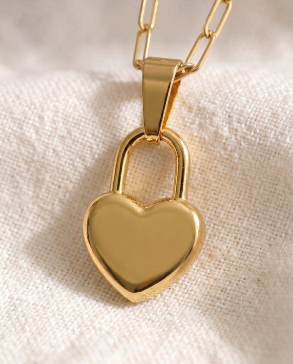 Love Language Lock pendant close up on paperclip chain