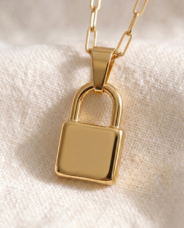 Pinky Promise Lock pendant close up on paperclip chain