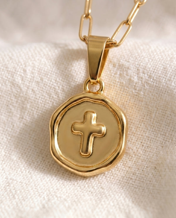 Blessed Beyond Belief Cross pendant close up on paperclip chain