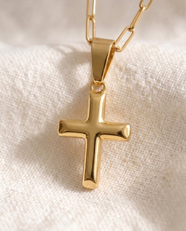 Deep Faith Cross pendant close up on paperclip chain