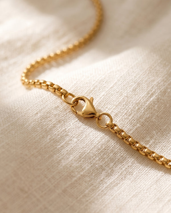 Gold lobster claw clasp close-up on box-link chain